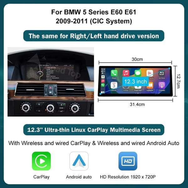 Carplay, korkean resoluution näyttö, älypuhelinintegraatio, yhteensopiva BMW 3/5-sarjan E90/E91/E92/E93 E60 E61 E62 kanssa,Ei-c, E60 CIC 12.3