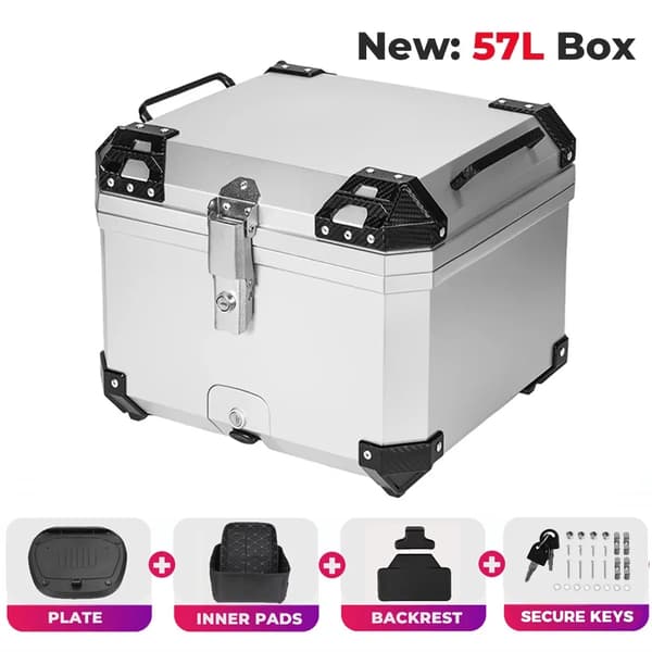 Motorcykel Topbox, Låsbar, Vattentät,57L Silver Box
