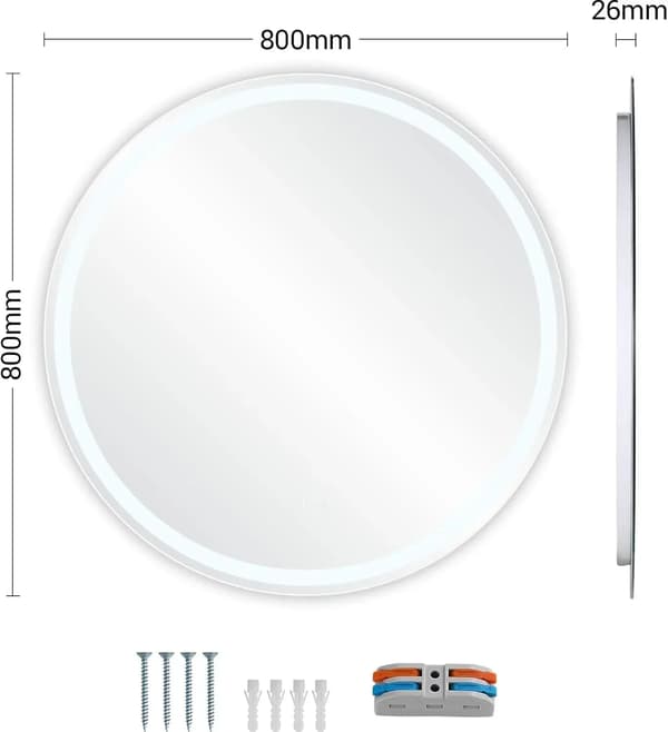 Badrumsspegel, LED-belysning, Avfuktningsfunktion,Tly Rund 80cm