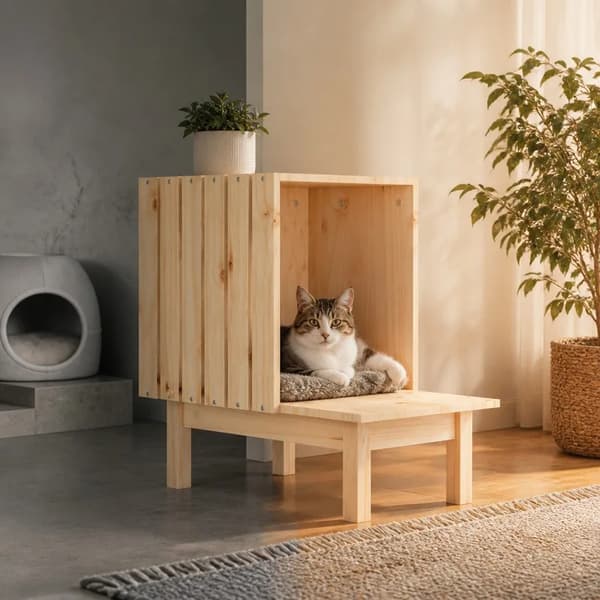 Katt Hus, Hållbar Tall, Lätt att Rengöra,Brun