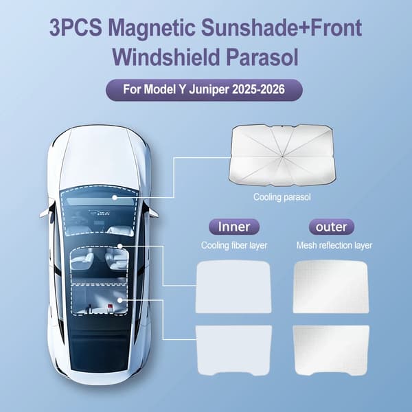 Solskærm, UPF80+ UV-beskyttelse, Varmeisolering,Model Y 3PCS