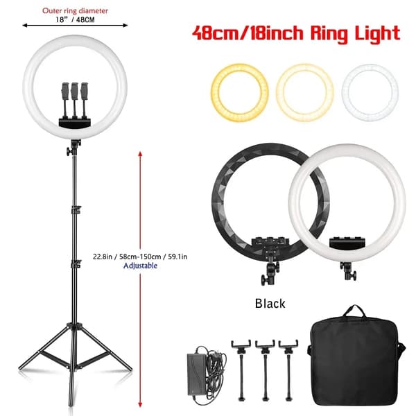 Ringlys, Justerbar Lysstyrke, 360° Rotation,150cm Sort