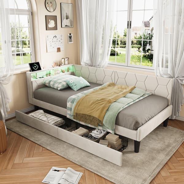 Sammenklappelig Seng, Opbevaringsskuffer, Fløjl Polstring,Beige, 90x200cm-a