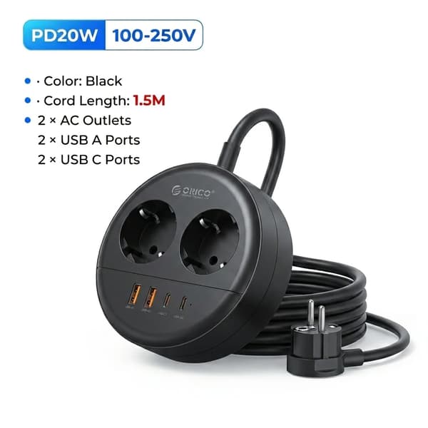 Strømstik, USB PD Opladning, Overspændingsbeskyttelse,1.5M 2A2U2C Sort