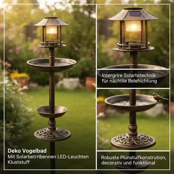 Fuglebade, Solcelledrevne LED-lamper, Dekorativt Plastdesign,Brun