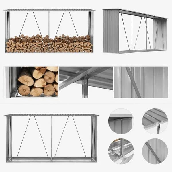 Vedskjul, Galvaniserat Stål, Väderbeständig Design,Grå