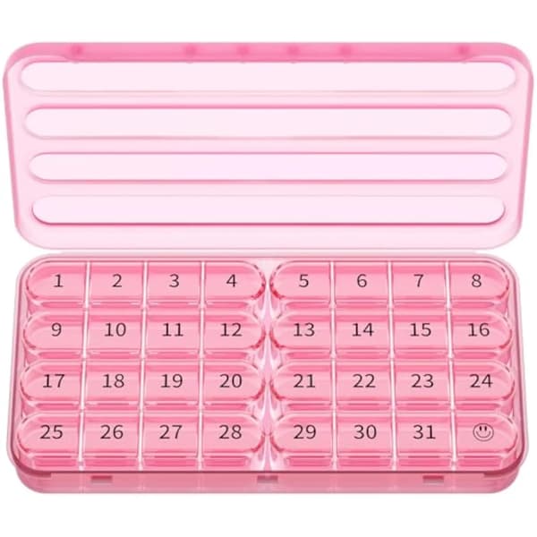 Månatlig pillerorganisatör, 32 fack, resevänlig design,Rosa