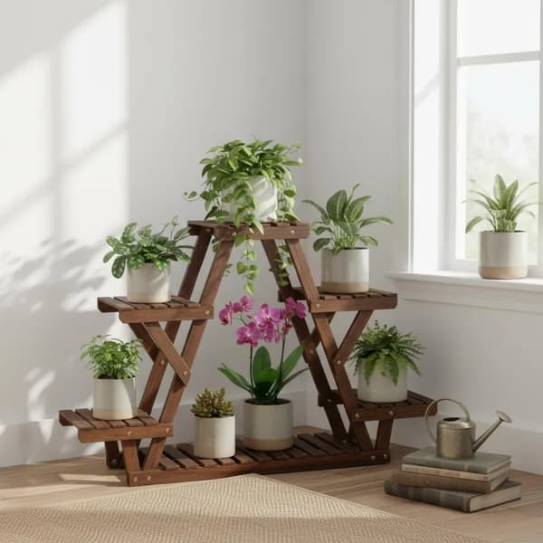 Växtställ, karboniserat trä, 4-nivå, triangulär design, lättviktig, enkel montering