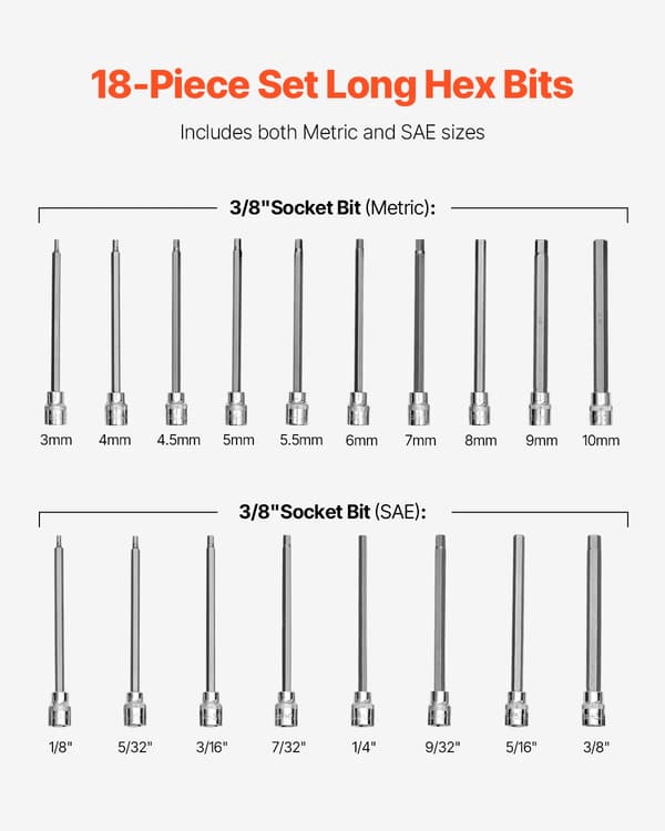 Bit Socket Sæt, 18-Styk, Forlængede Bits,HEX