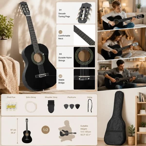 Guitar, Solid Basswood Konstruktion, Komplet Begynderpakke,Sort