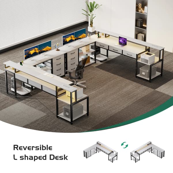 Datorbord, L-formad design, LED-belysningsfunktioner,Vit