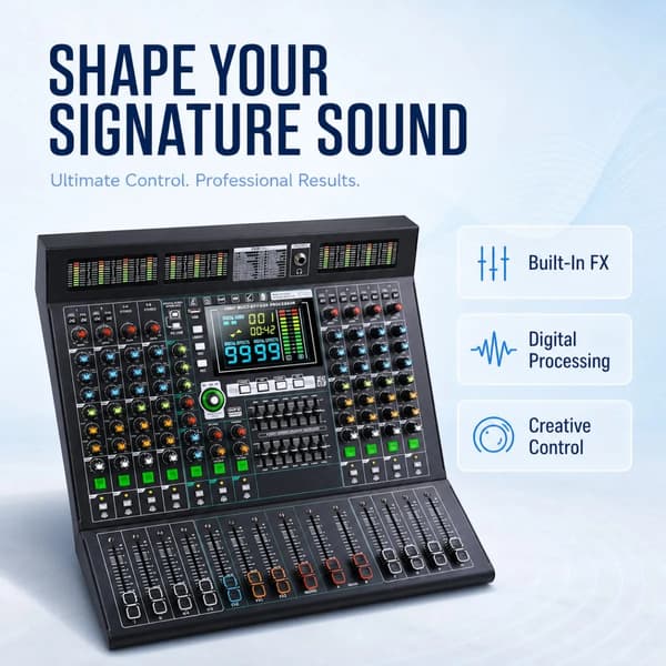 Digital mixer, kompakt design, USB-anslutning, 24-bitars FX-processor, högkvalitativa komponenter, mångsidig kompatibilitet