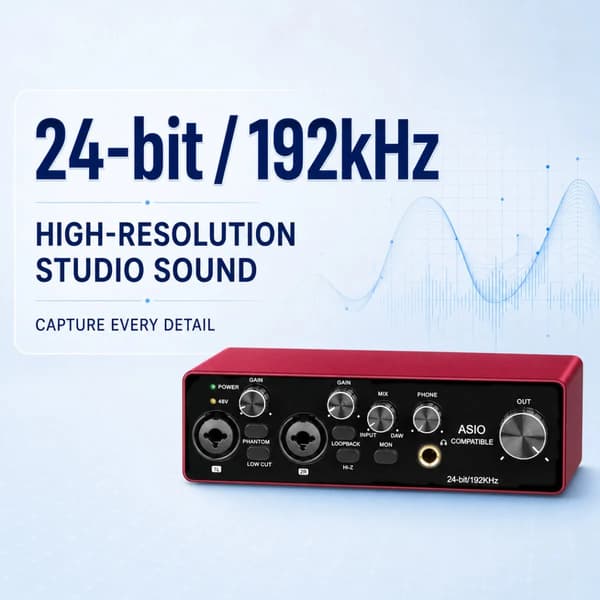 Lydinterface, 24-bit/192kHz, USB-drevet (5-20V DC), 48V phantom strøm, PC- og Mac-kompatibel, Metalhus
