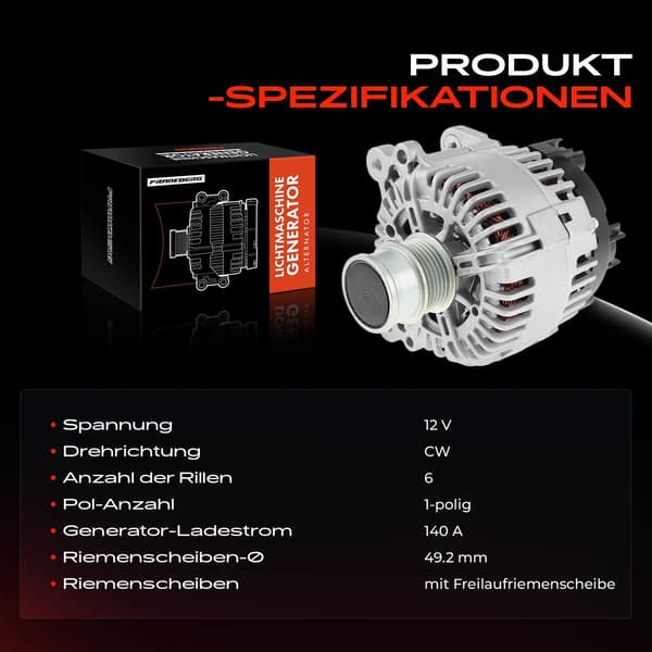 Generator, 12 V Spänning, 140 A Laddström, 49,2 mm Remskivans Diameter, 6 Spår, Direkt Montering