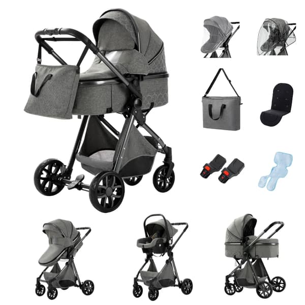 Barnvagn, Fällbar Design, Säkerhetsfunktioner Inkluderade,Låg version V9 MÖRGRÅ