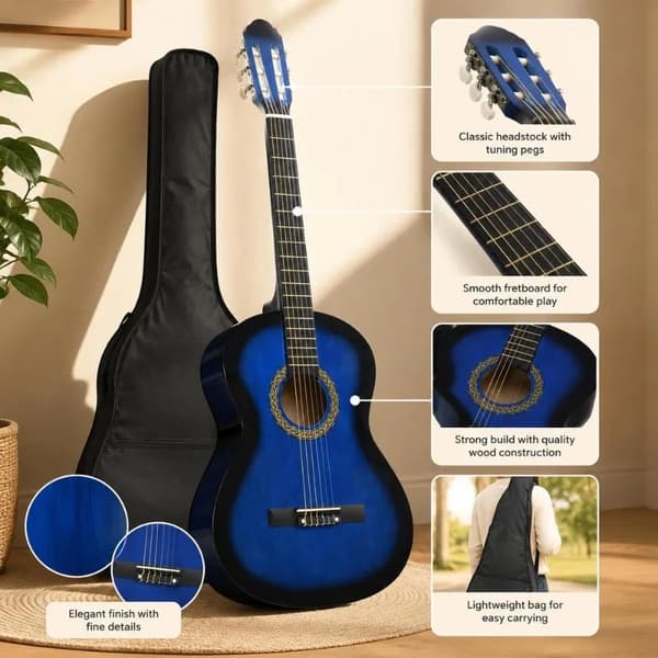 Klassisk Gitarr, Solid Basswood Konstruktion, Inkluderar Bärväska,Blå
