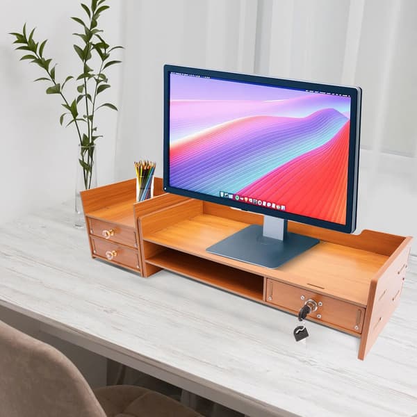 Monitorstand, Opbevaringsskuffer, Pladsbesparende Design,Træ
