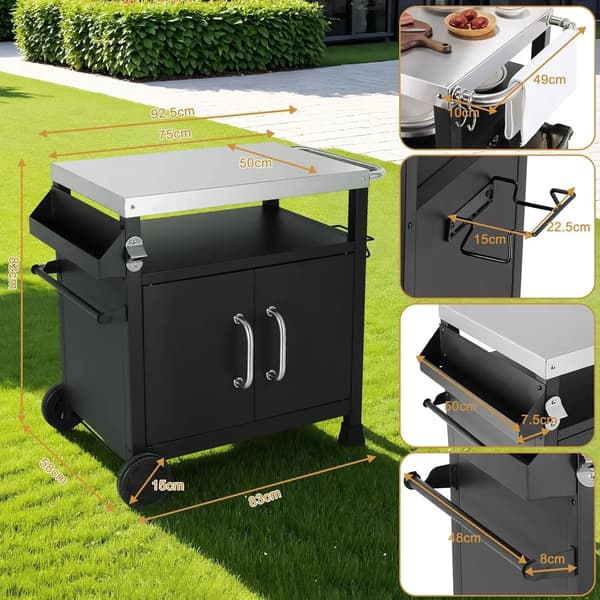 Grillvogn, Rustfrit Stål Top, Multifunktionelt Design,sort
