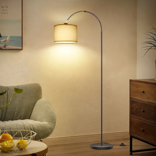 Buegulvlampe, Justerbart Hoved, Linned Skærm,Beige, sort