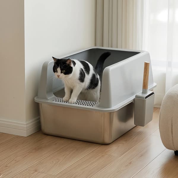 Kattlåda, högsidig design, inkluderar kattströmatta och spade,Silver