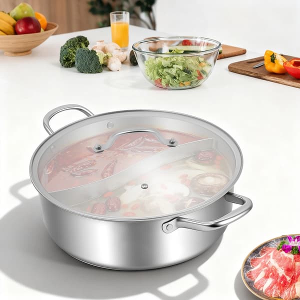 Hot Pot, 304 rustfrit stål, 30 cm diameter, 9,5 cm højde, dobbelt smagsdesign, flere serveringskapaciteter