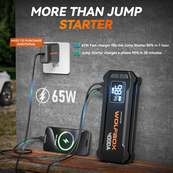 Jumpstarter, 4000A toppeffekt, 24000mAh batteri, 4000A