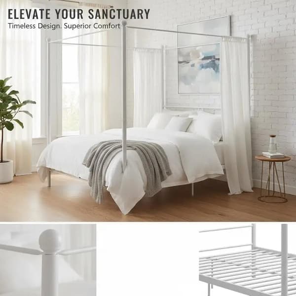Sängram med tak, Metallkonstruktion, Stilren Design,Vit