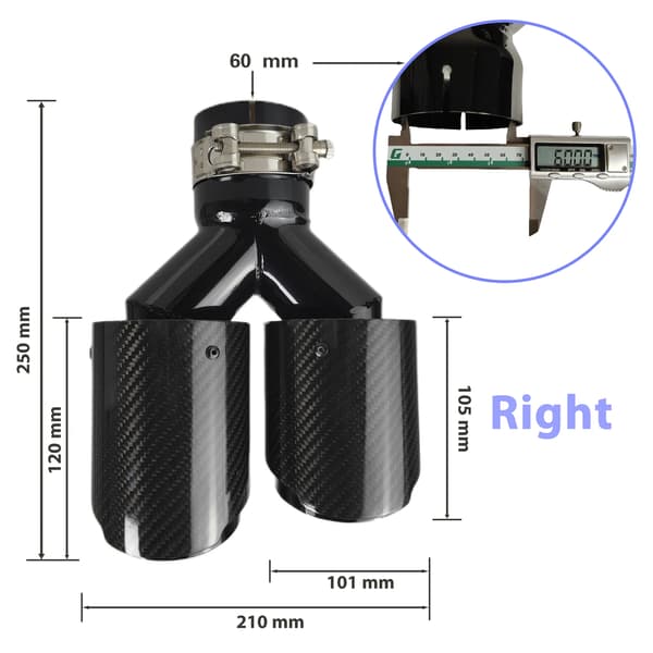 Avgasrör, Kolfibermaterial, Universell Passform, 60mm-101mm-Höger