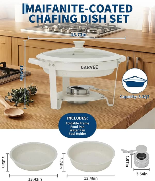 Chafing Dish Sæt, 5 Liter Kapacitet, Rustfrit Stål Materiale, Rundt Design, Stabelbar Opbevaring, Non-stick Overflade