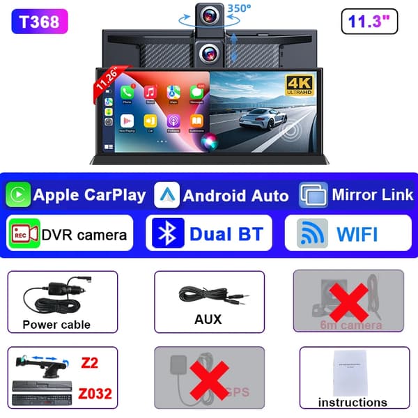 Carplay, Dashcam, Android Auto, Kaksoislinsvideoennätin,T368-DVR+Z2+Z032