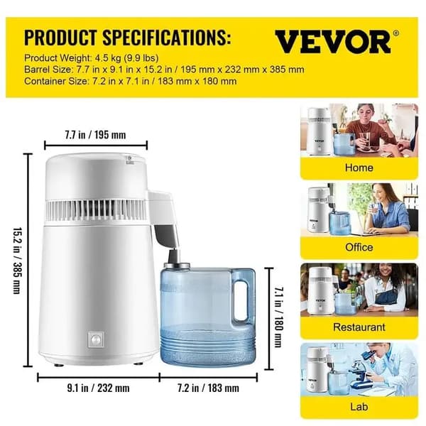 Vattendestillator, 304 rostfritt stål, 1,3 L/H kapacitet, VIT
