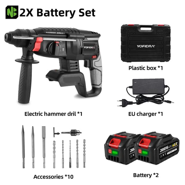 Rotationshammare, 1680W Effekt, Multifunktionell Kapacitet,2XBattery Set-E