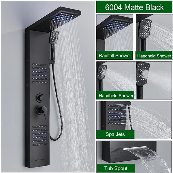 Duschsystem, LED-ljus, massagemunstycke, 6004 Matt svart