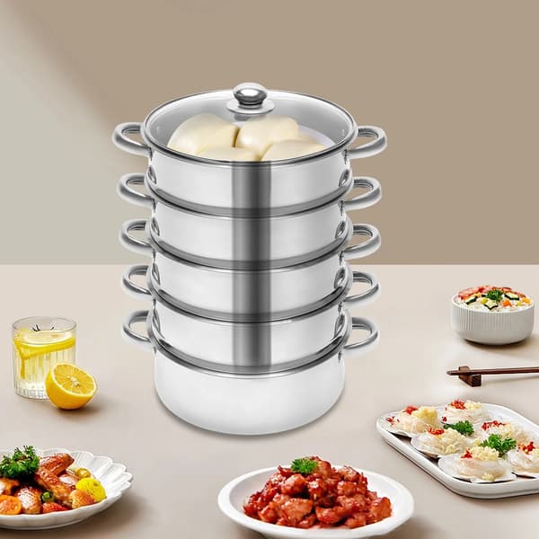 Ångkokare i rostfritt stål, 5-lagers design, diskmaskinssäker,Grå