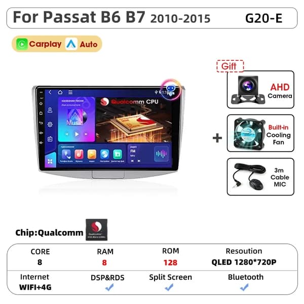 Bil Multimedia Afspiller, Touchscreen Interface, Navigationssystem, Kompatibel med Passat B6 B7 CC 2010-2015,G20-E-MIC-CAM