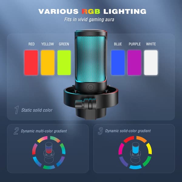 USB Mikrofon, RGB Baggrundsbelysning, Realtids Overvågning,sort