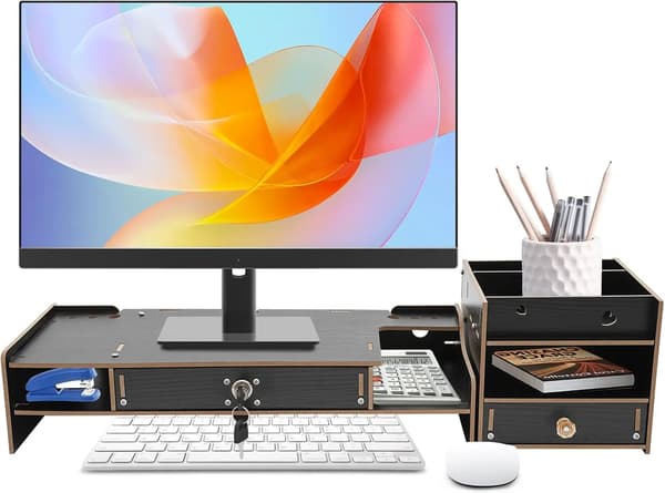 Monitorstand, Opbevaringsskuffer, Ergonomisk Design,sort