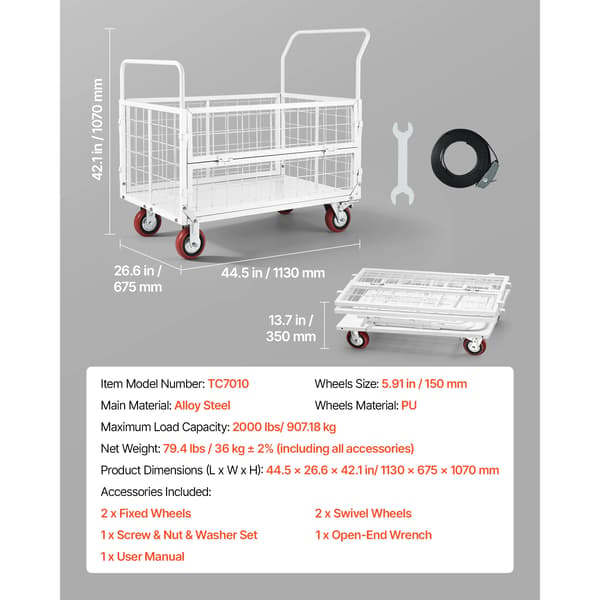 Platformvogn, 2000 lbs belastningsevne, 6-i-1 alsidig design,2000lbs