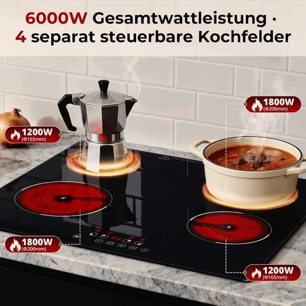 Keramisk kogeplade, 4 kogezoner, 9 varmeindstillinger,4 Plade 6000W, EU
