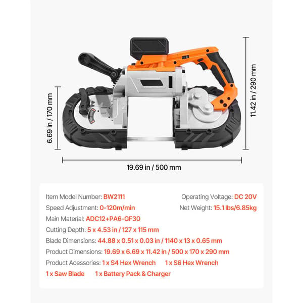Båndsav, børsteløs motor, bærbart design,5 Tommer Sæt-Batteri