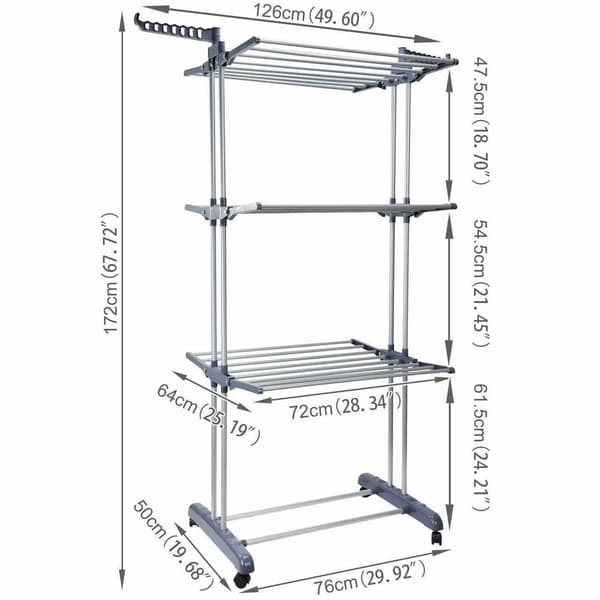 Tøjstativ, Rustfrit Stål, 3 Niveauer, 18 Meter Tørrerum, 2 Sidevinger, Sammenklappeligt Design
