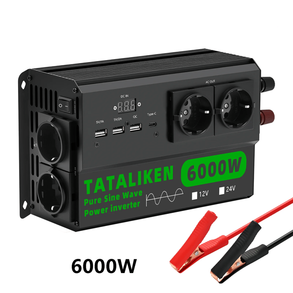 Inverter, 4 EU stik, Auto termostat blæser,6000W EU-sort