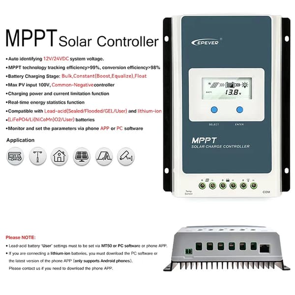 Solcellelader, MPPT-teknologi, 10A maksimal strøm,12V 24V Bil, 10A 60VDC