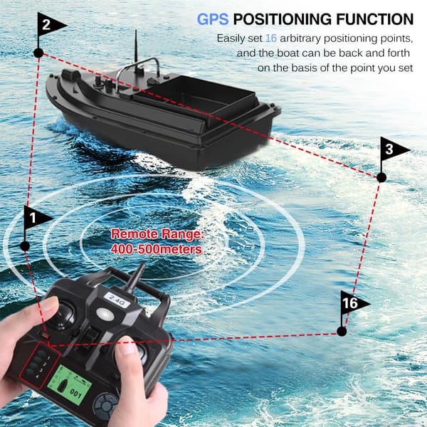 Fiskebaitbåd, 16 Waypoints, 10000mAh Batteri,sort