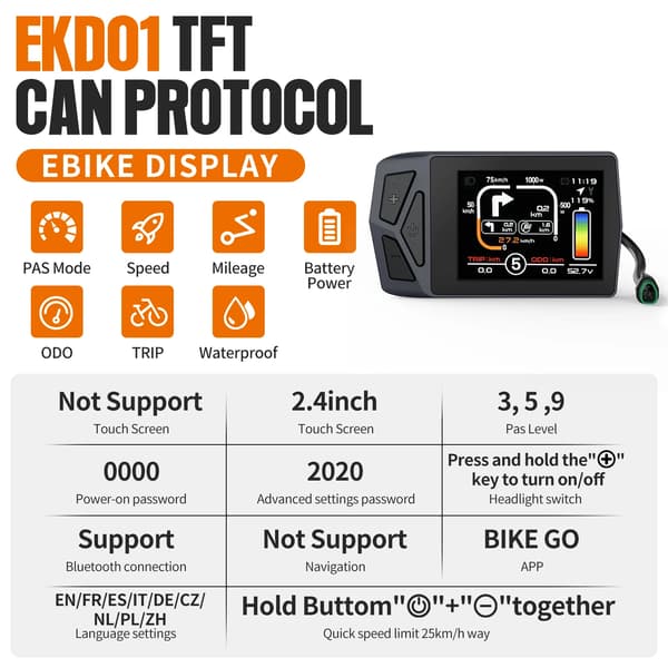 eBike Display, 4-tommer TFT-skærm, vandtæt design,EKD01  (  CAN Protokol )