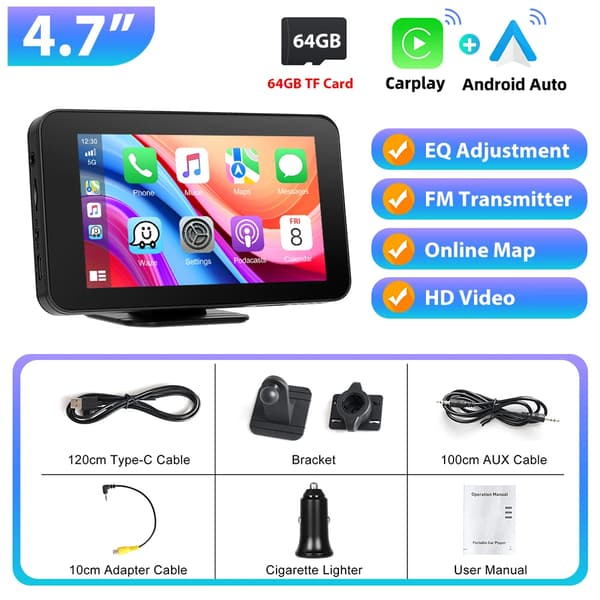 Bilmonitor, 4,7 tum skärm, stöder CarPlay och Android Auto,radio med 64G