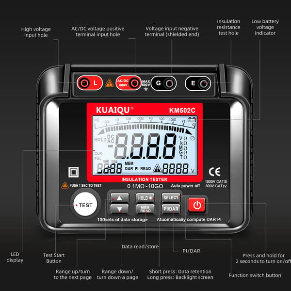 Isolationsmodstandstester, 0,1MΩ til 10GΩ område, digital LCD-skærm,KM502C