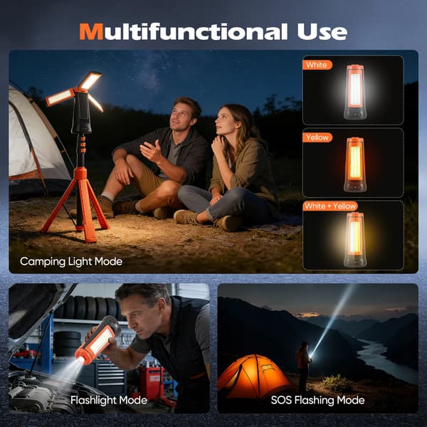 Campinglys, Justerbar Stativ, 9000mAh Batteri,Appelsin