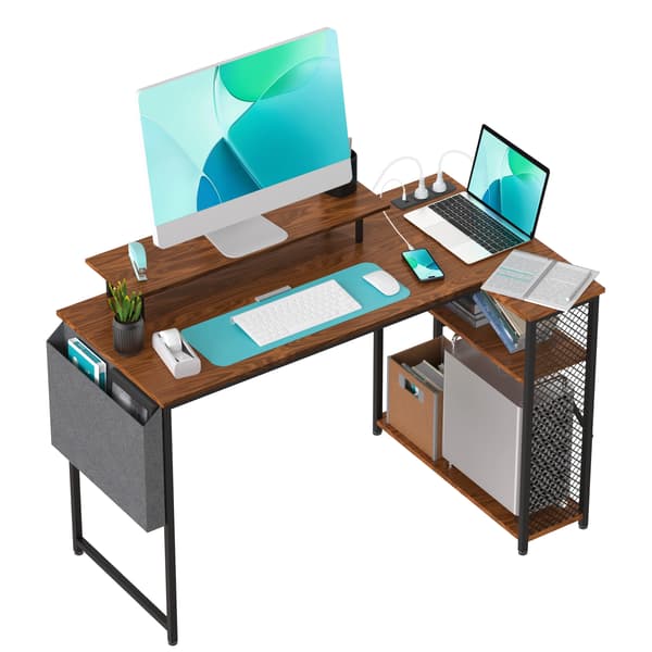 Computerbord, L-formet design, integrerede strømløsninger,Brun-120*70*75cm