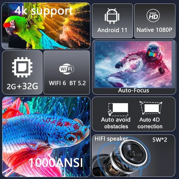 Projektor, 1080P opløsning, Bluetooth og WiFi-forbindelse,Sort